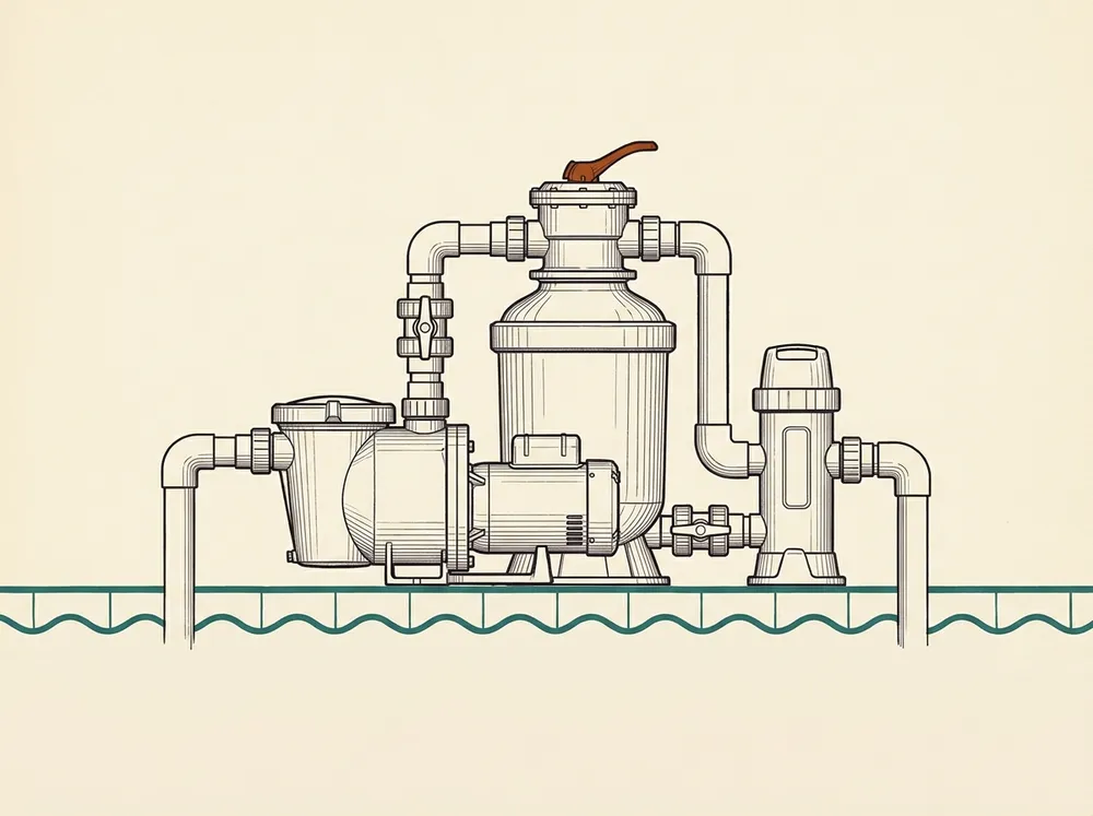 Illustrated object study of pool equipment: a pump, filter and salt-cell assembly
